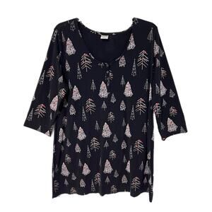 Soma Embraceable Long Sleeve Sleepshirt Nightgown Dress Black Doodle Trees XXL